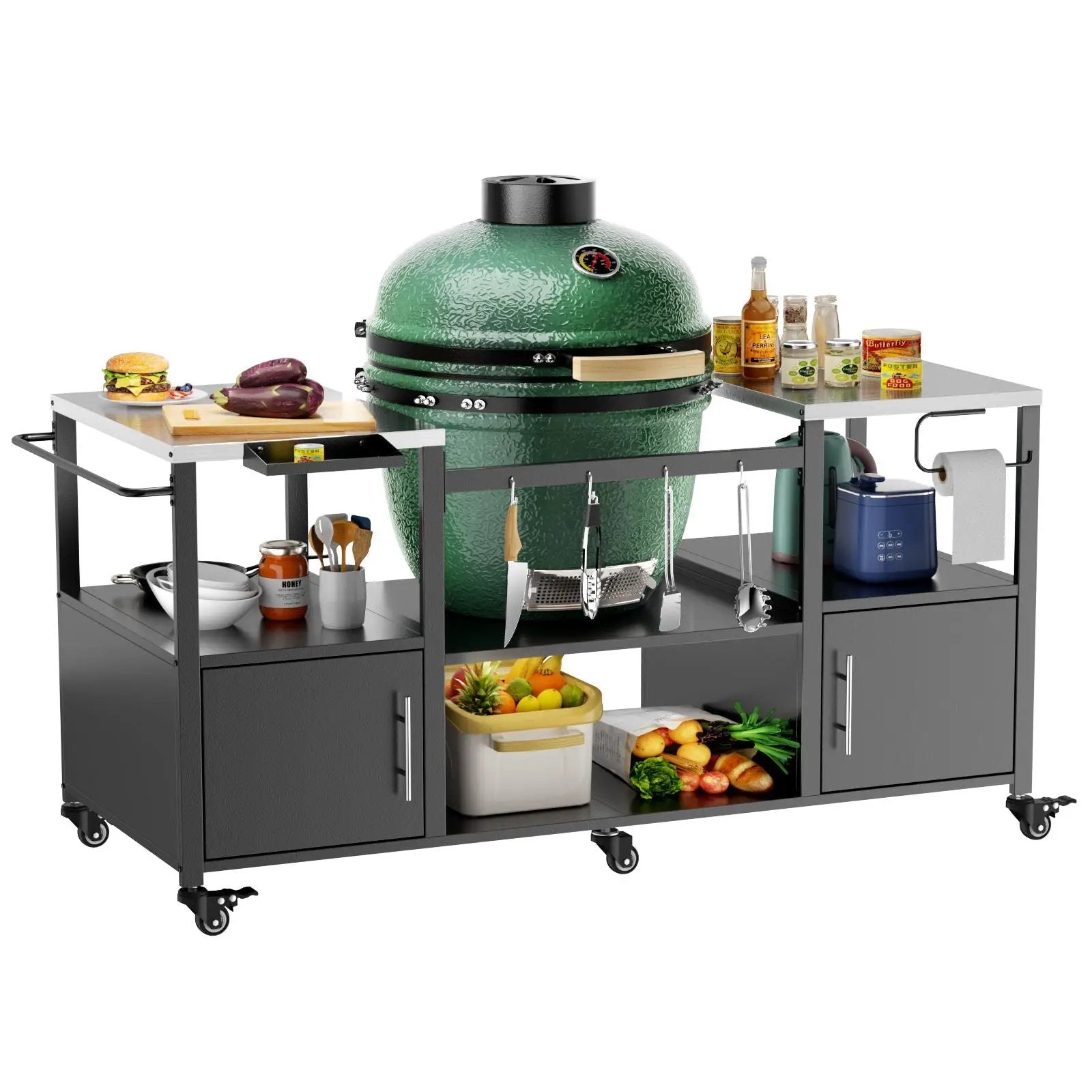 Outdoor Grill Table For Big Egg Style Bbq With Metal Grill Cart And Storage Box And Metal And Stainless Steel - Black / Silver by HouseOfZazla