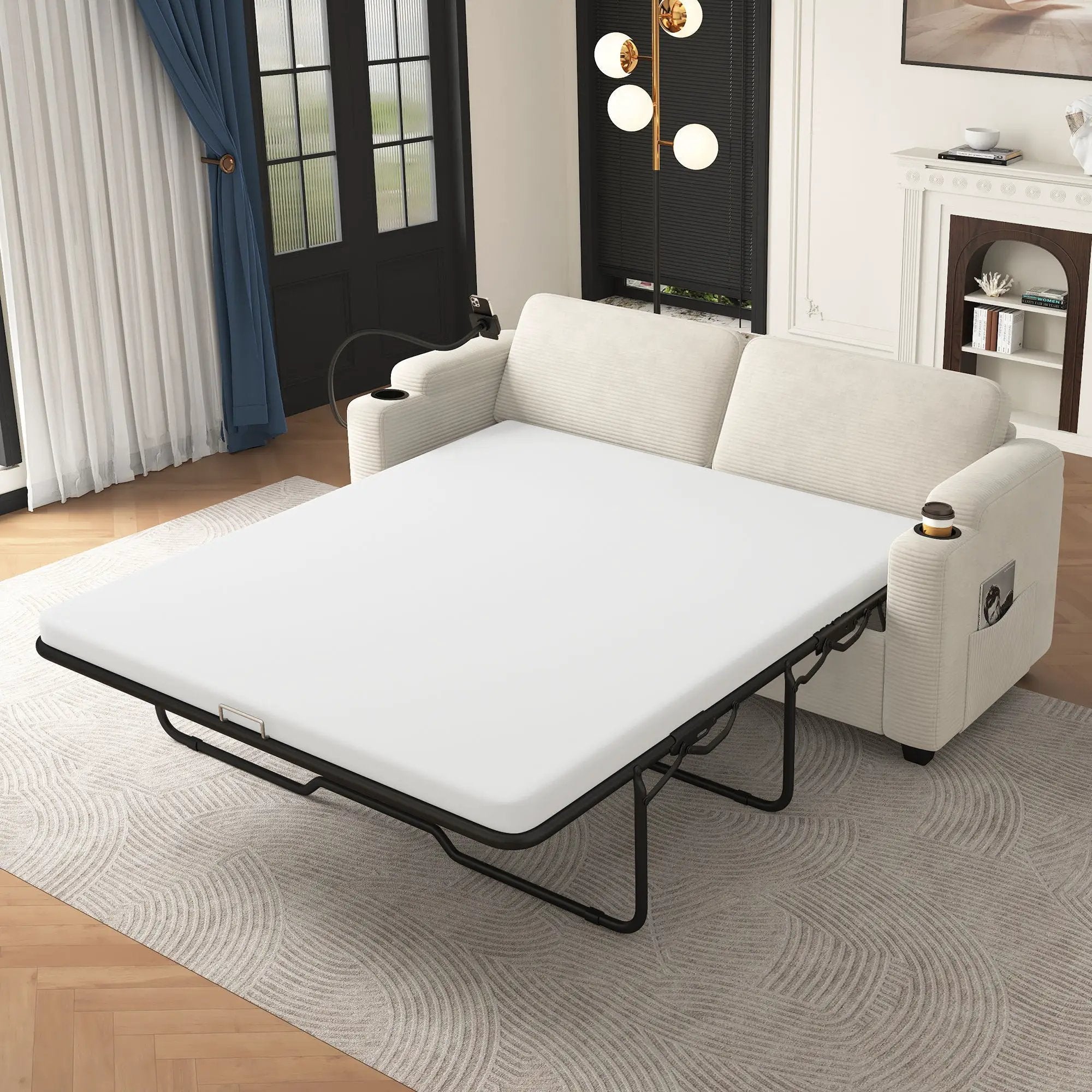 Sleeper Sofa Loveseat Sofa With Full Size Mattress, 2 USB Ports, 2 Cup Holders, 2 Side Pockets And Phone Holder by HouseOfZazla