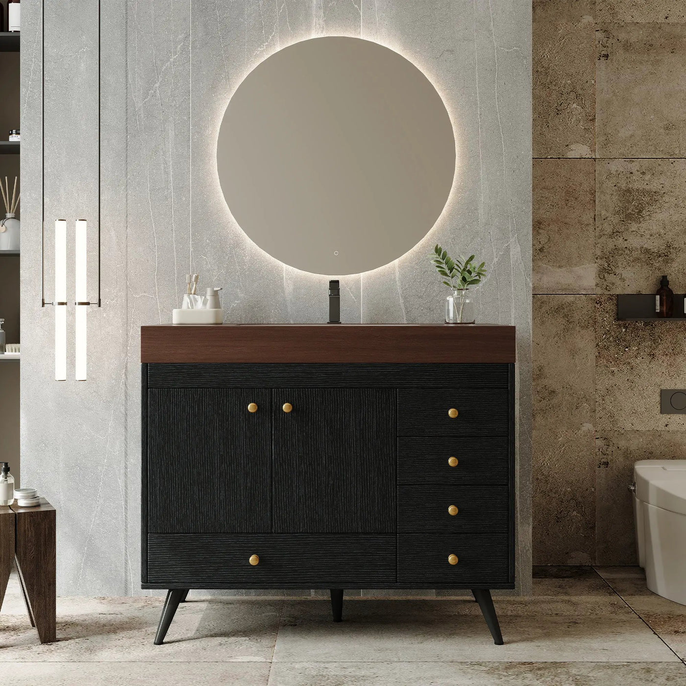 36" Freestanding Bathroom Vanity with Faux Marble Top, Ceramic Sink, 5 Drawers & Stainless Steel Legs by HouseOfZazla