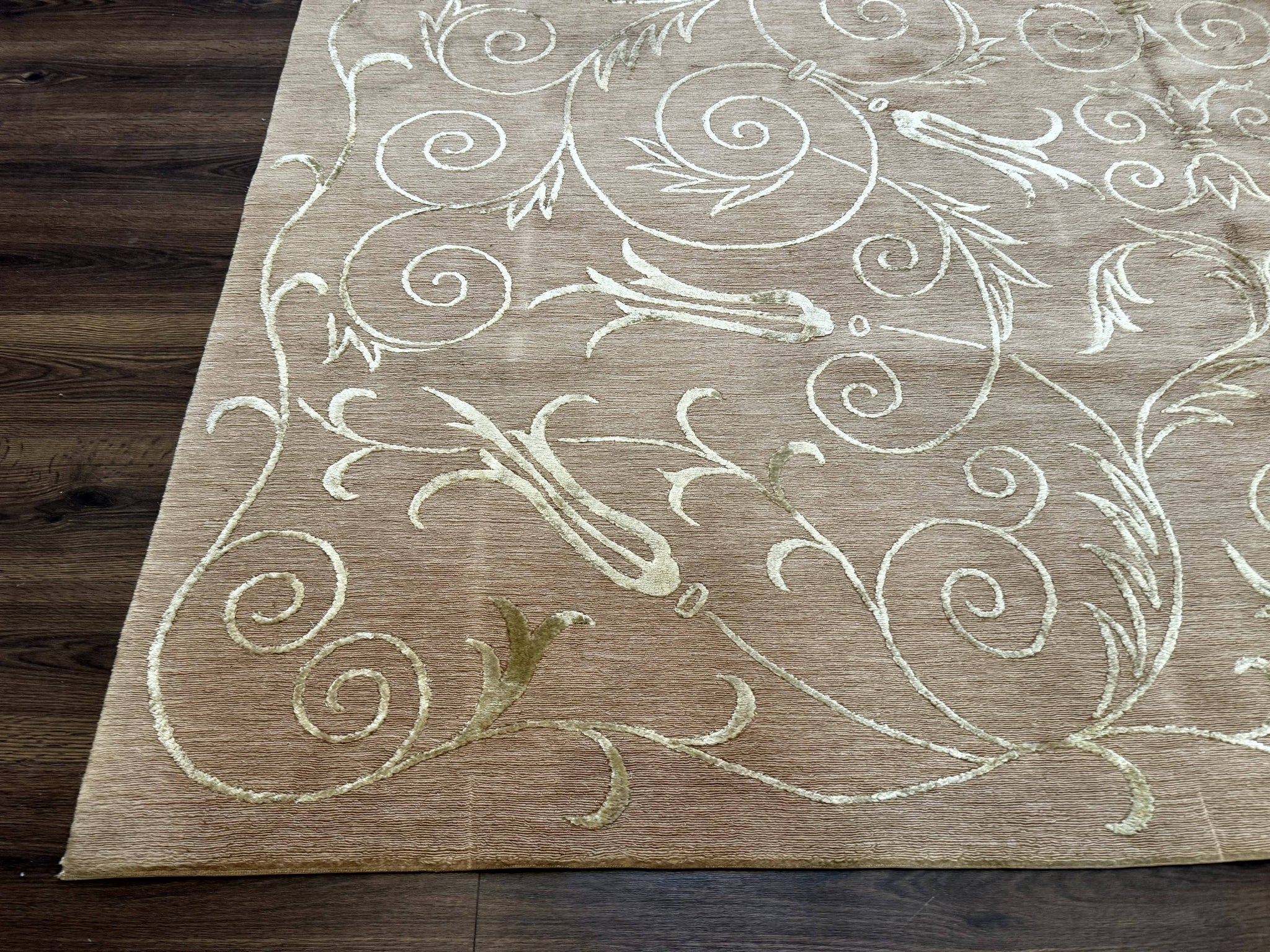 Tibetan Rug 9x12 Wool and Silk Beige Modern Handmade Carpet by Jewel Rugs