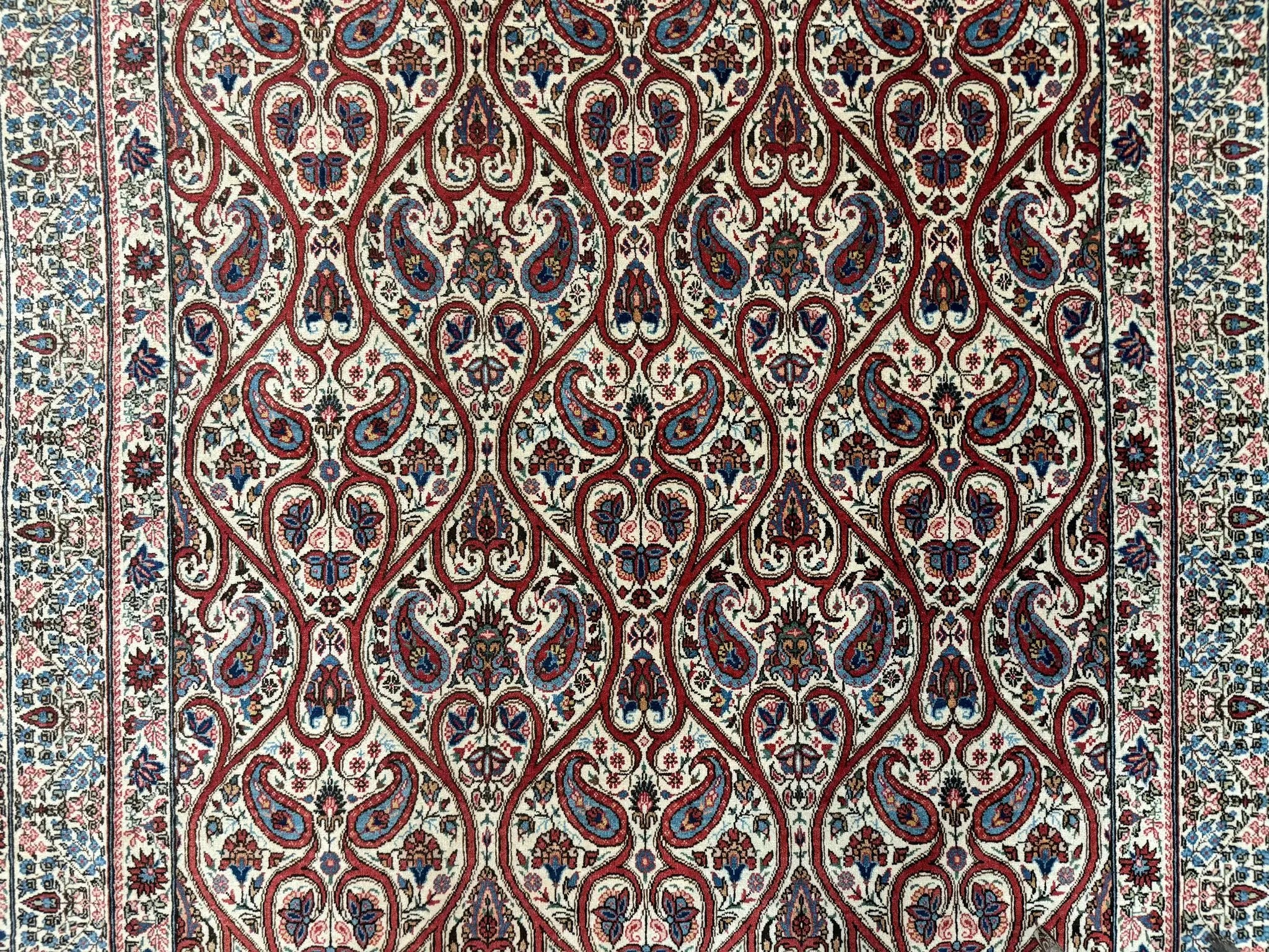 Unique Persian Qum Rug 5x7, Repeated Paisely Boteh Design, Ivory Red Blue, Handmade Antique Wool Persian Carpet, Finely Hand Knotted by Jewel Rugs