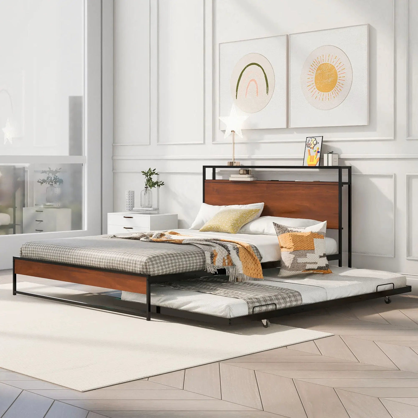 Platform Bed Frame With Trundle, USB Ports And Slat Support, No Box Spring Needed by Unique Piece Furniture
