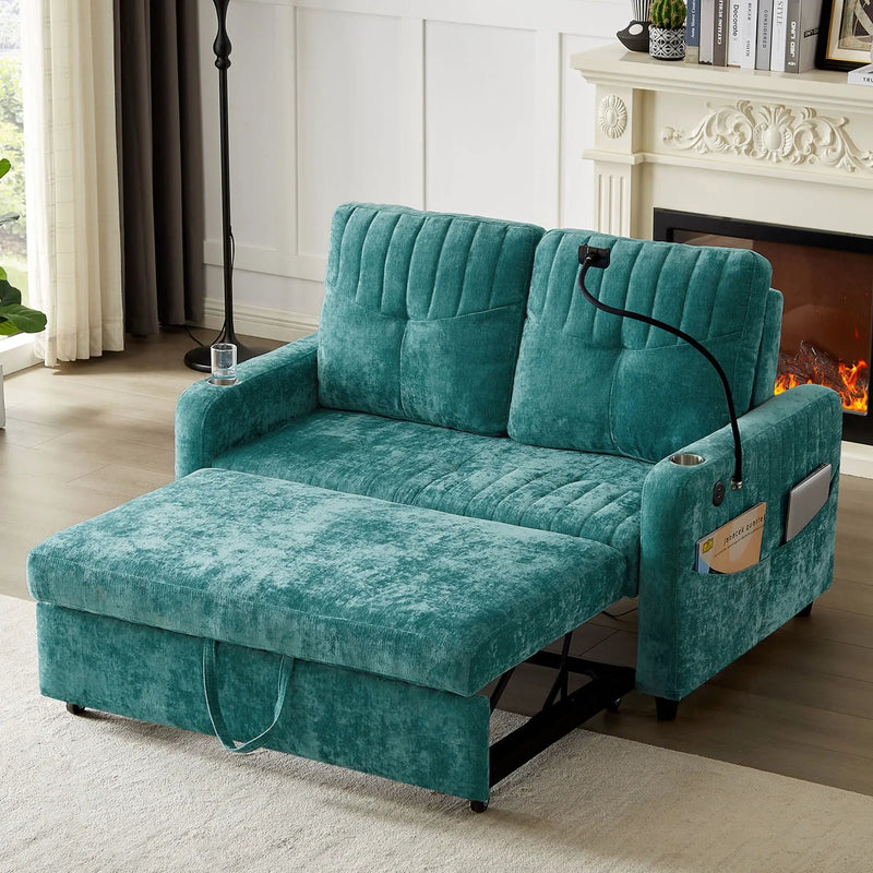 Modern Loveseat Pull Out Sofa Bed With Adjustable Backrest, Two Cup Holders, A Phone Holder, Three Charging Ports And Side Storage Pockets For Living Room by HouseOfZazla