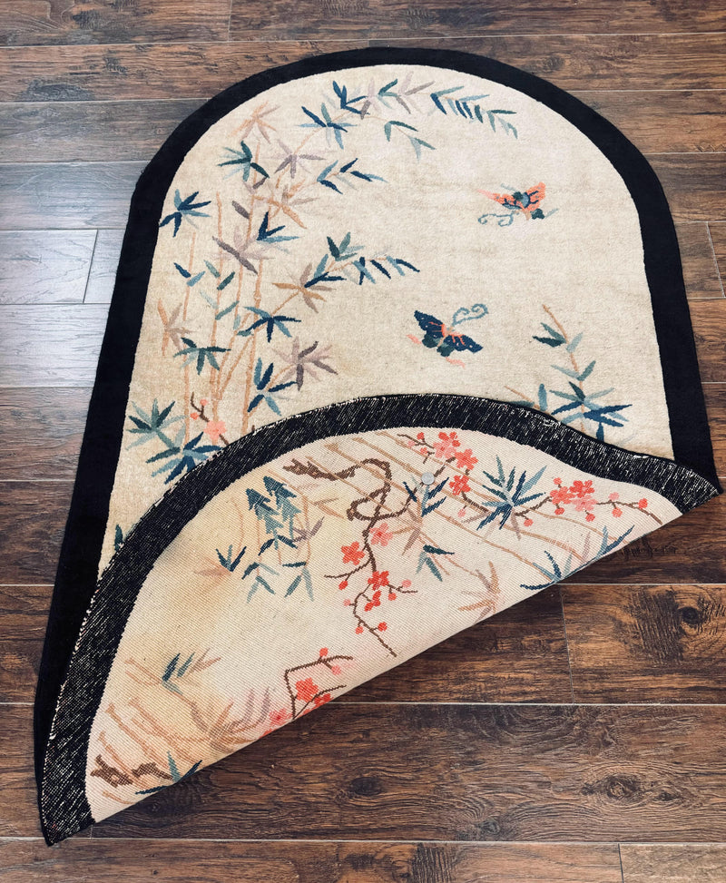 Antique Chinese Oval Rug 3.9 x 6.7, Floral, Butterflies, Chinese Wool Art Deco Peking Carpet, Beige, Handmade by Jewel Rugs