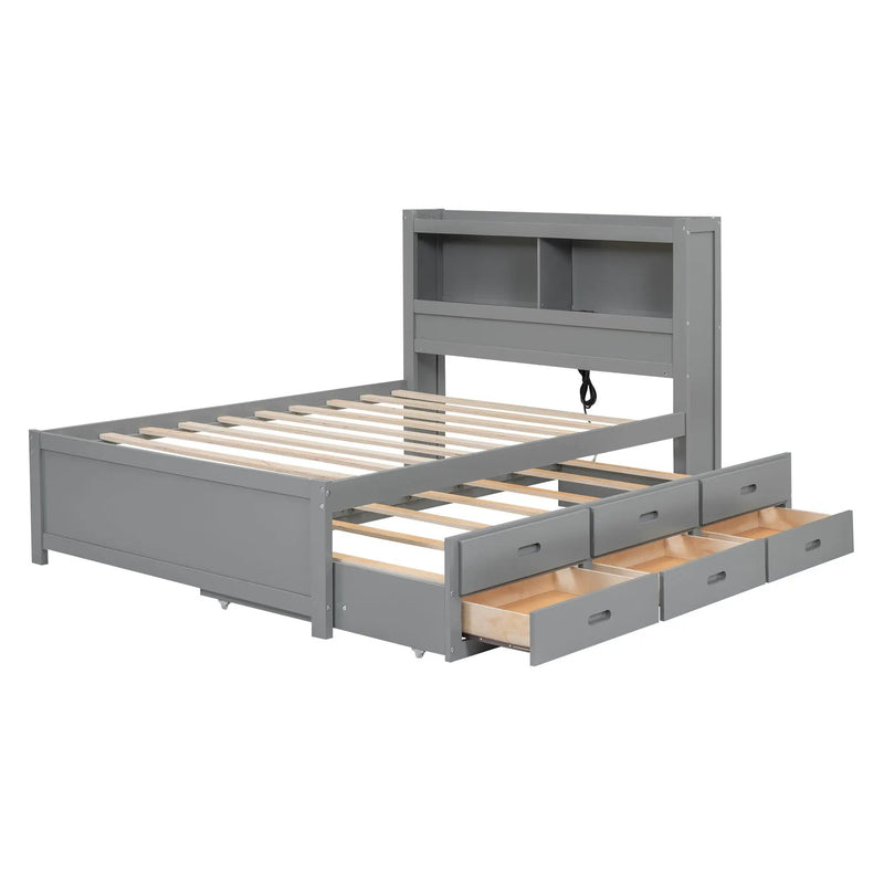 Full Size Platform Bed With Trundle, Drawers, USB Ports And Built In Shelves - Gray by HouseOfZazla