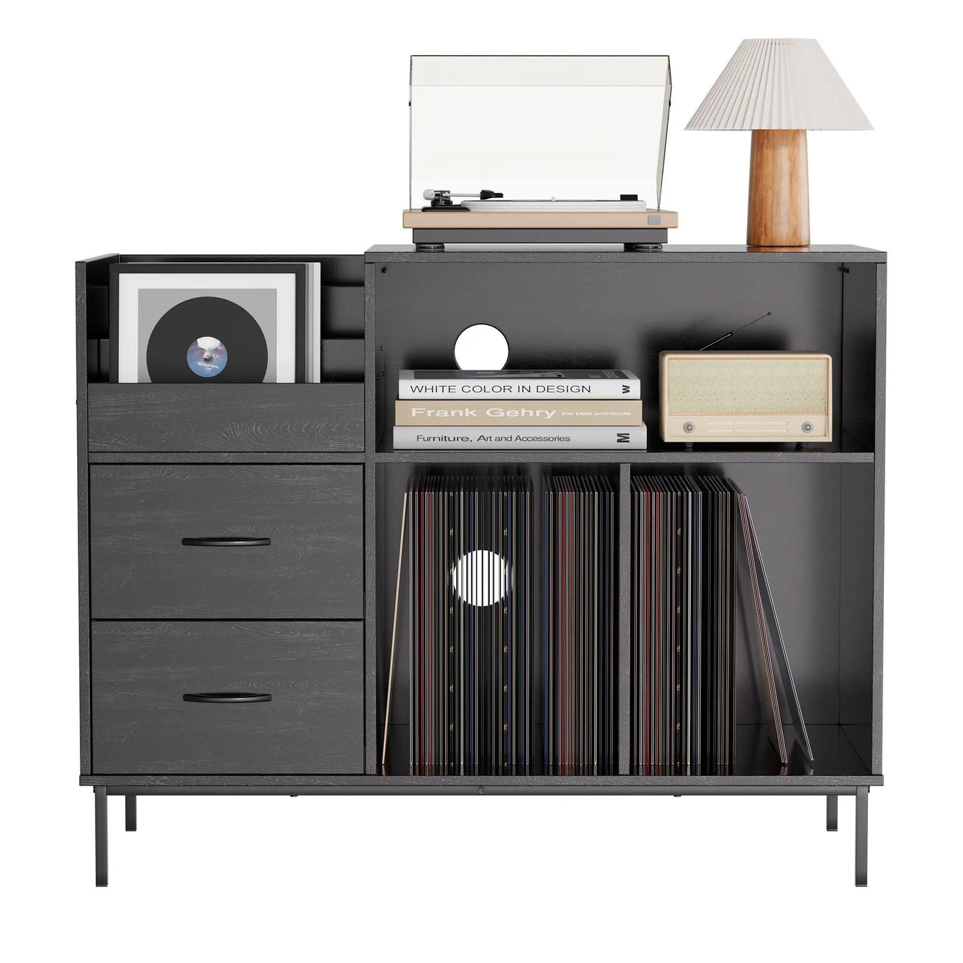 Eco-Friendly Vinyl Record Player Stand With Flip-Top Storage, Media Console With Dual Outlets And Dustproof Drawers by HouseOfZazla