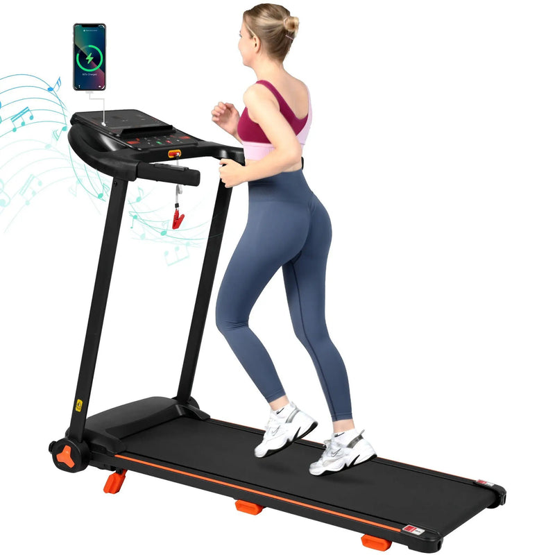 2.5Hp Quiet Folding Treadmill With Heart Rate Sensor, 300Lbs Weight Capacity, With USB Charge Station For Android & Bluetooth Speaker, 6 Shock Absorbing - Black by HouseOfZazla
