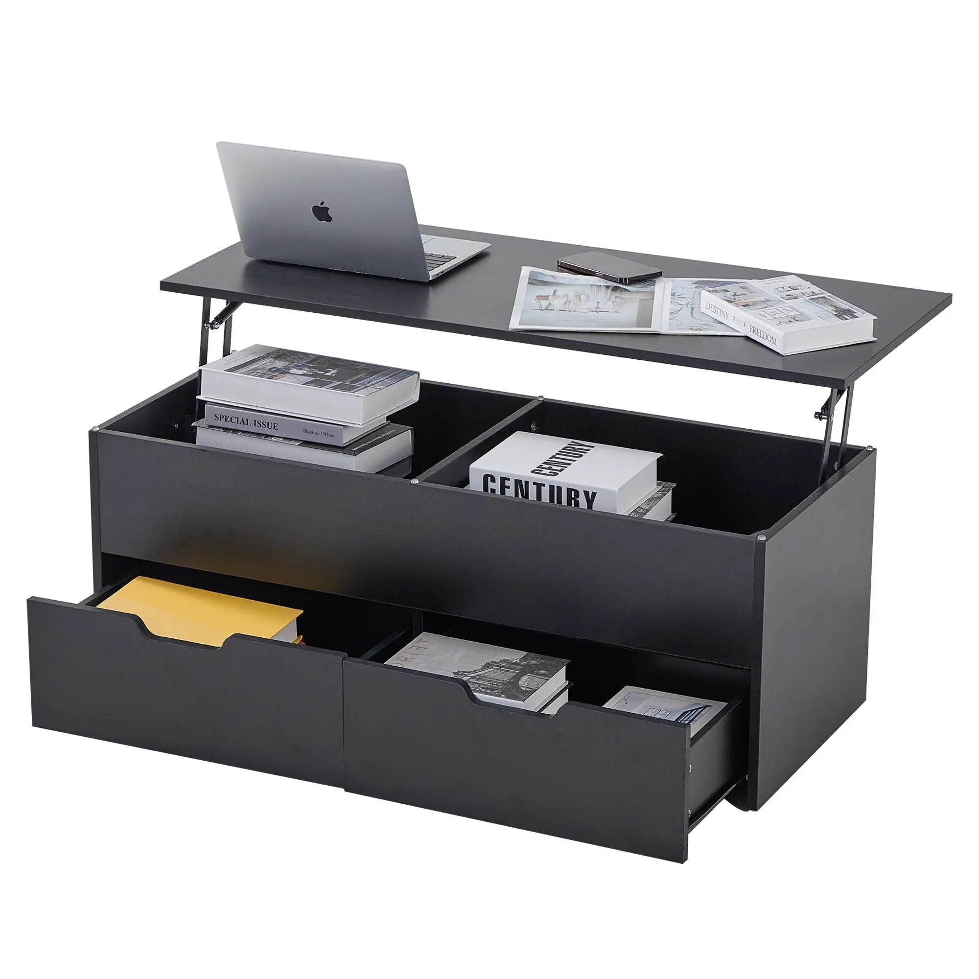 Lift-Top Coffee Table With Storage Center Tables Hidden Compartment & 2 Drawers, Sofa Table For Living Room - Black by HouseOfZazla