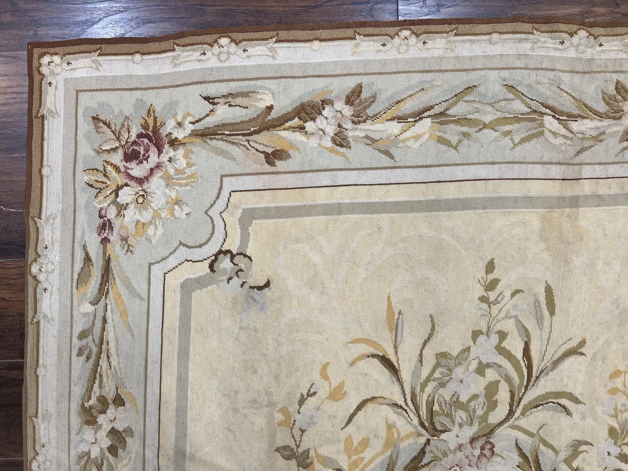 Needlepoint Rug 6x9, Elegant European Design Aubusson Carpet, Vintage Wool Handmade Rug, Light Yellow Ivory by Jewel Rugs