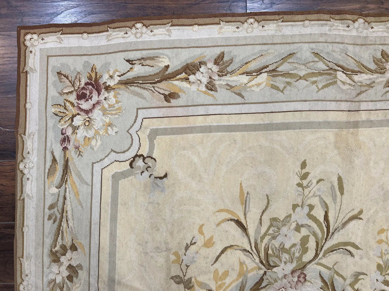 Needlepoint Rug 6x9, Elegant European Design Aubusson Carpet, Vintage Wool Handmade Rug, Light Yellow Ivory by Jewel Rugs