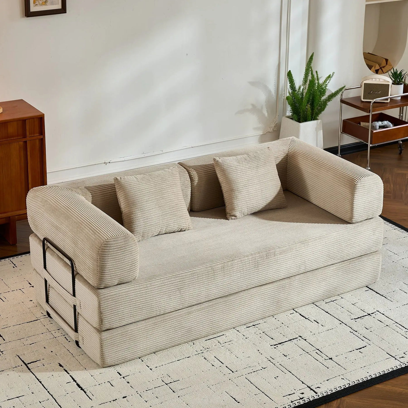 Convertible Sleeper Sofa Bed With Cylindrical Pillow, With Fixed Shape Frame by HouseOfZazla