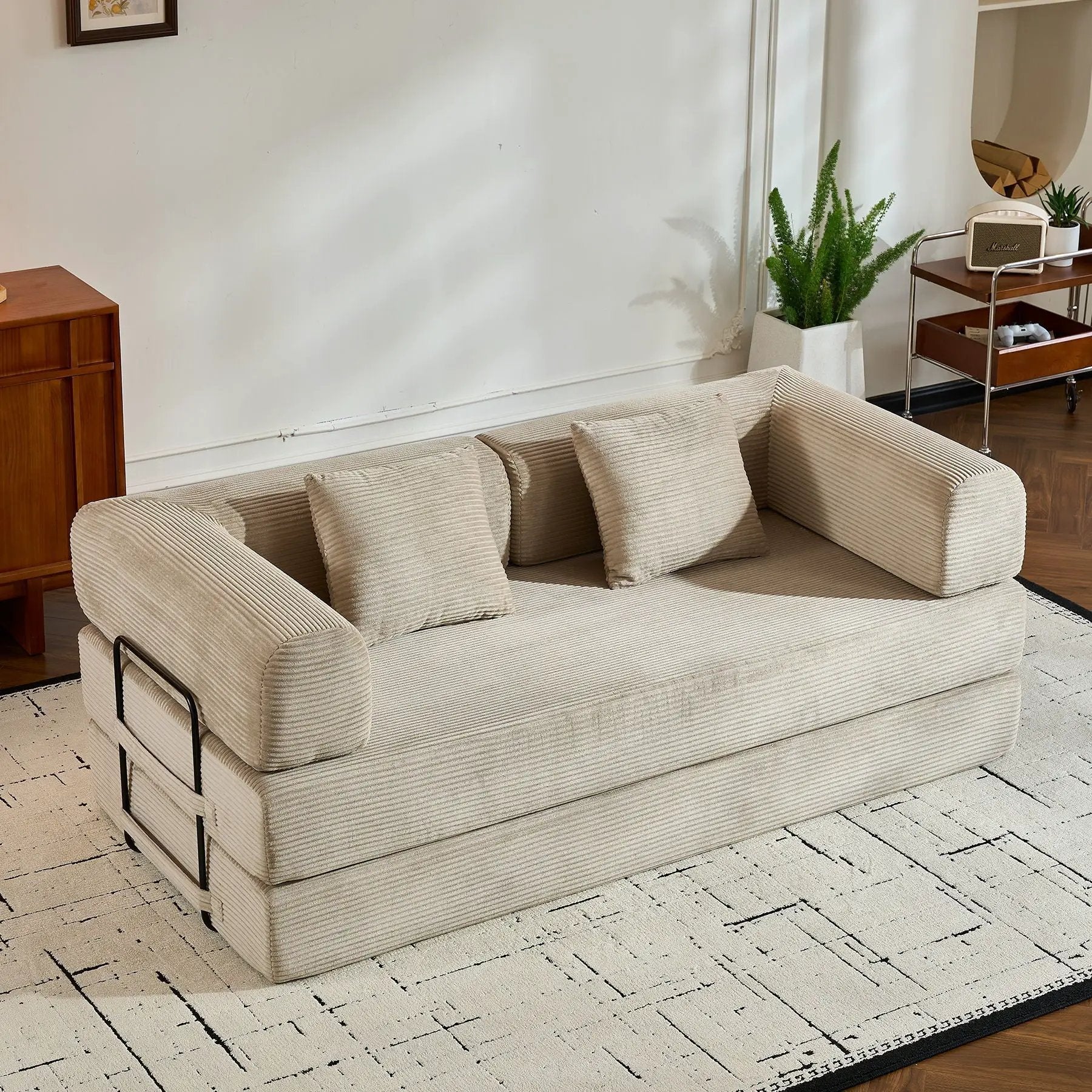 Convertible Sleeper Sofa Bed With Cylindrical Pillow, With Fixed Shape Frame by HouseOfZazla