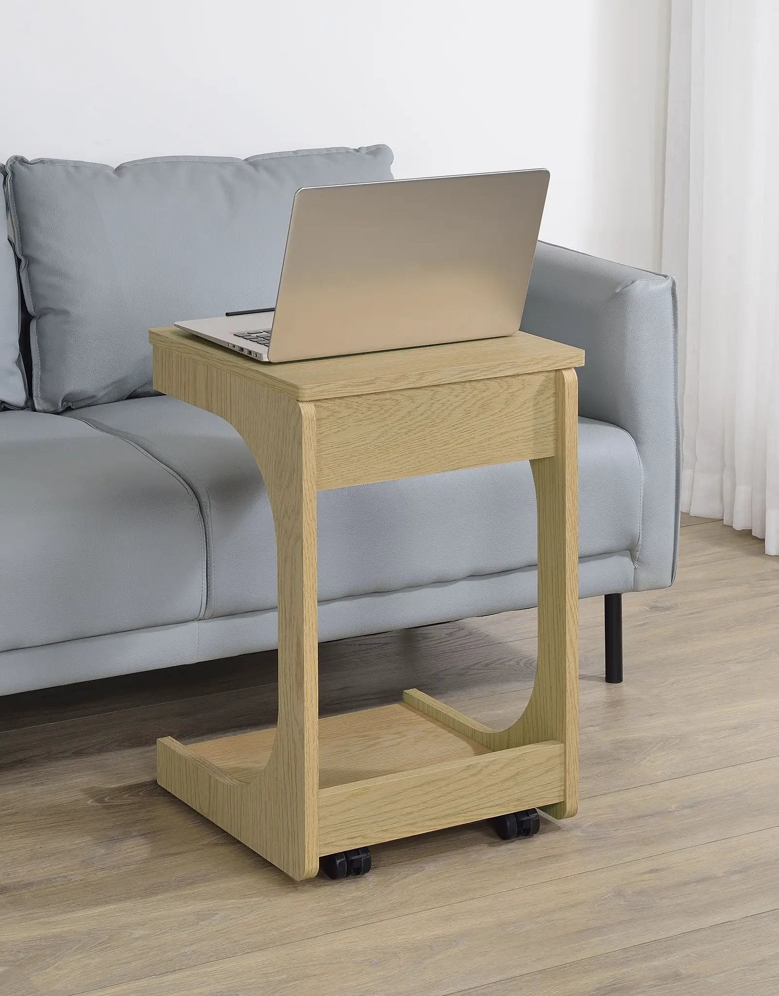 Ralston C-Shaped Lift-Top Sofa Side Table With Casters Light Oak by Unique Piece Furniture