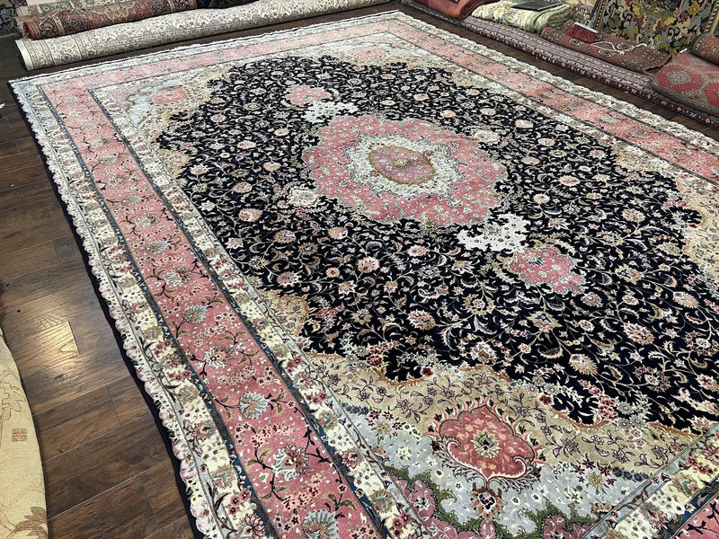 Magnificent Persian Tabriz Rug 11x16, Oversized Persian Carpet 11 x 16 ft, Wool on Silk Finely Hand Knotted, 450 KPSI, Floral Medallion, Black Pink by Jewel Rugs