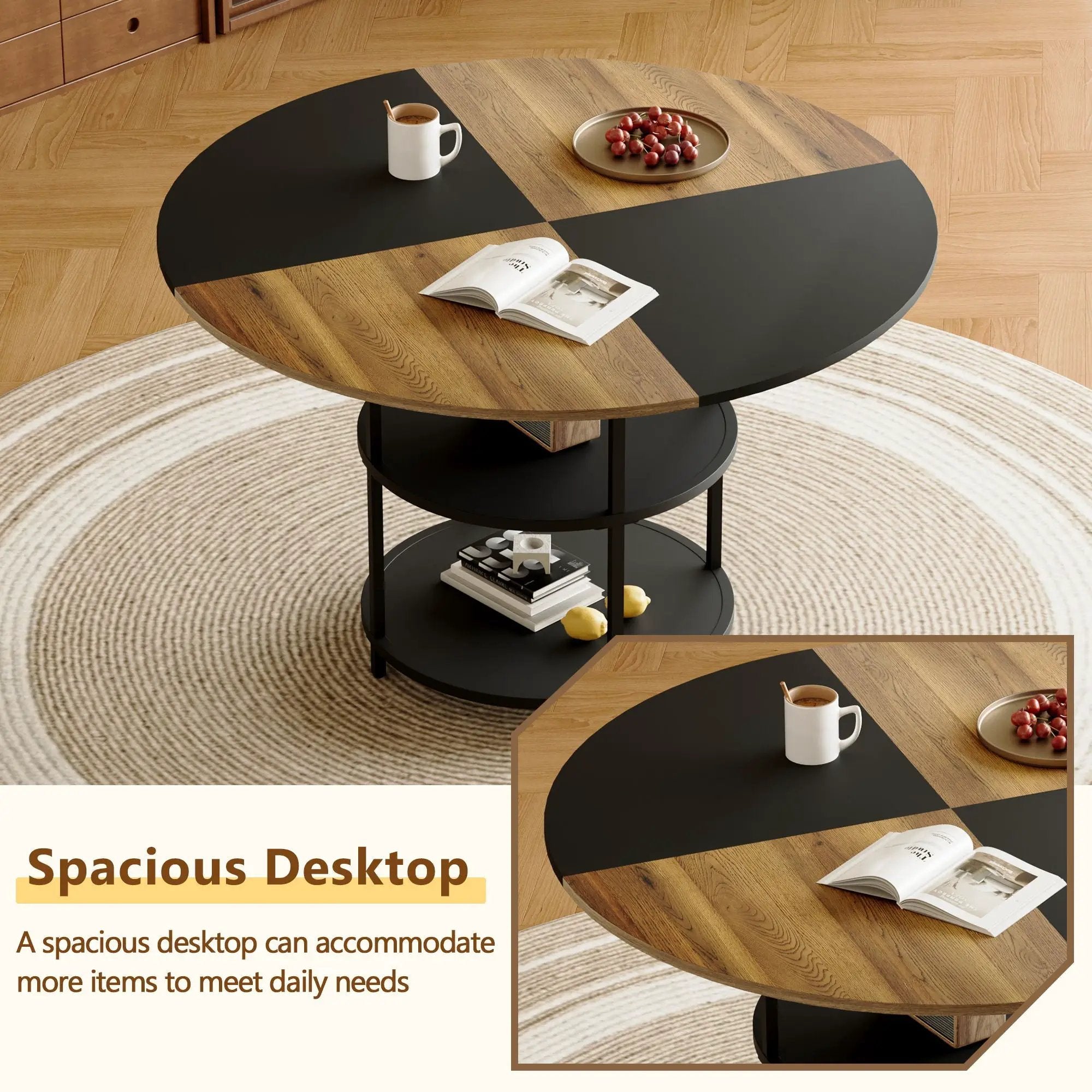 Diameter - Modern Splicing Circular Dining Table Double Layer Storage - Wood / Black by Unique Piece Furniture