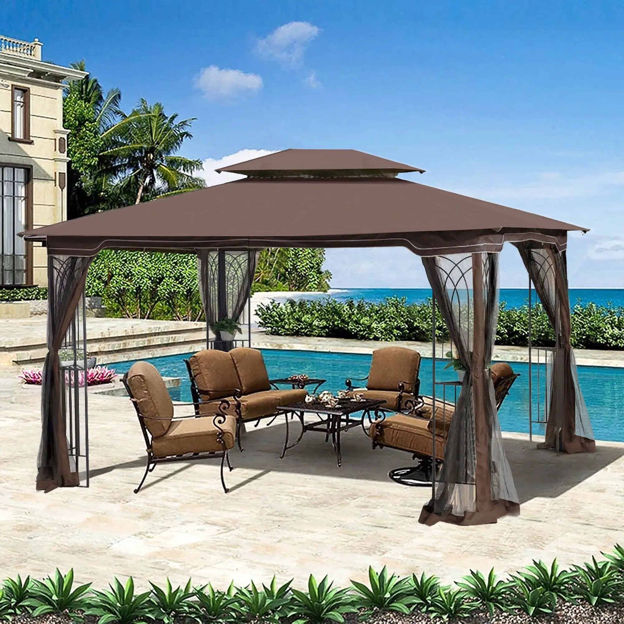 13 0 Outdoor Patio Gazebo Canopy Tent With Ventilated Double Roof And Mosquito Net (Detachable Mesh Screen On All Sides) Suitable For Lawn Garden Backyard And Deck Top - Brown by HouseOfZazla