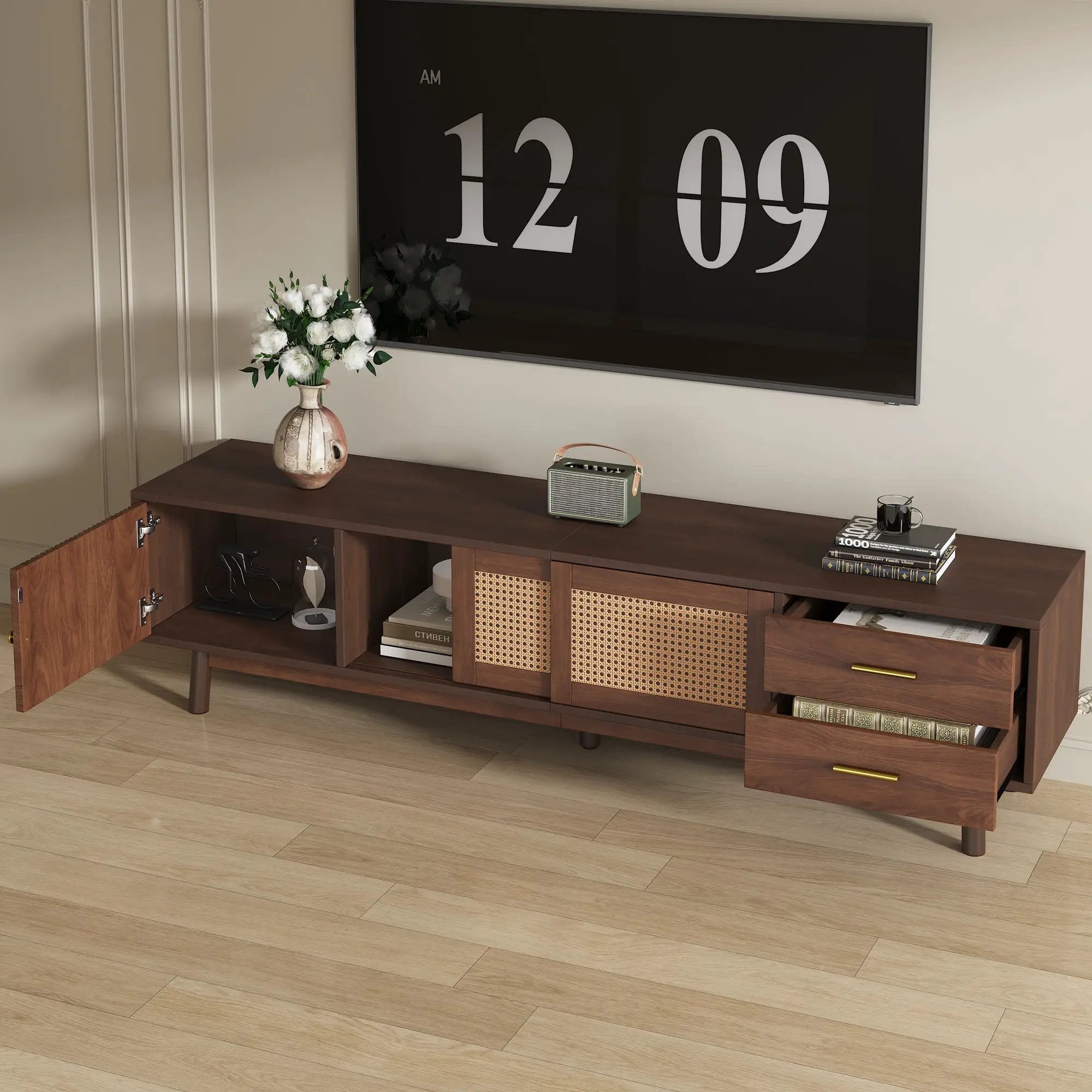 TV Stand For 80" TVs With Sliding Doors And Drawers, Accent Storage Unit - Dark Brown by HouseOfZazla