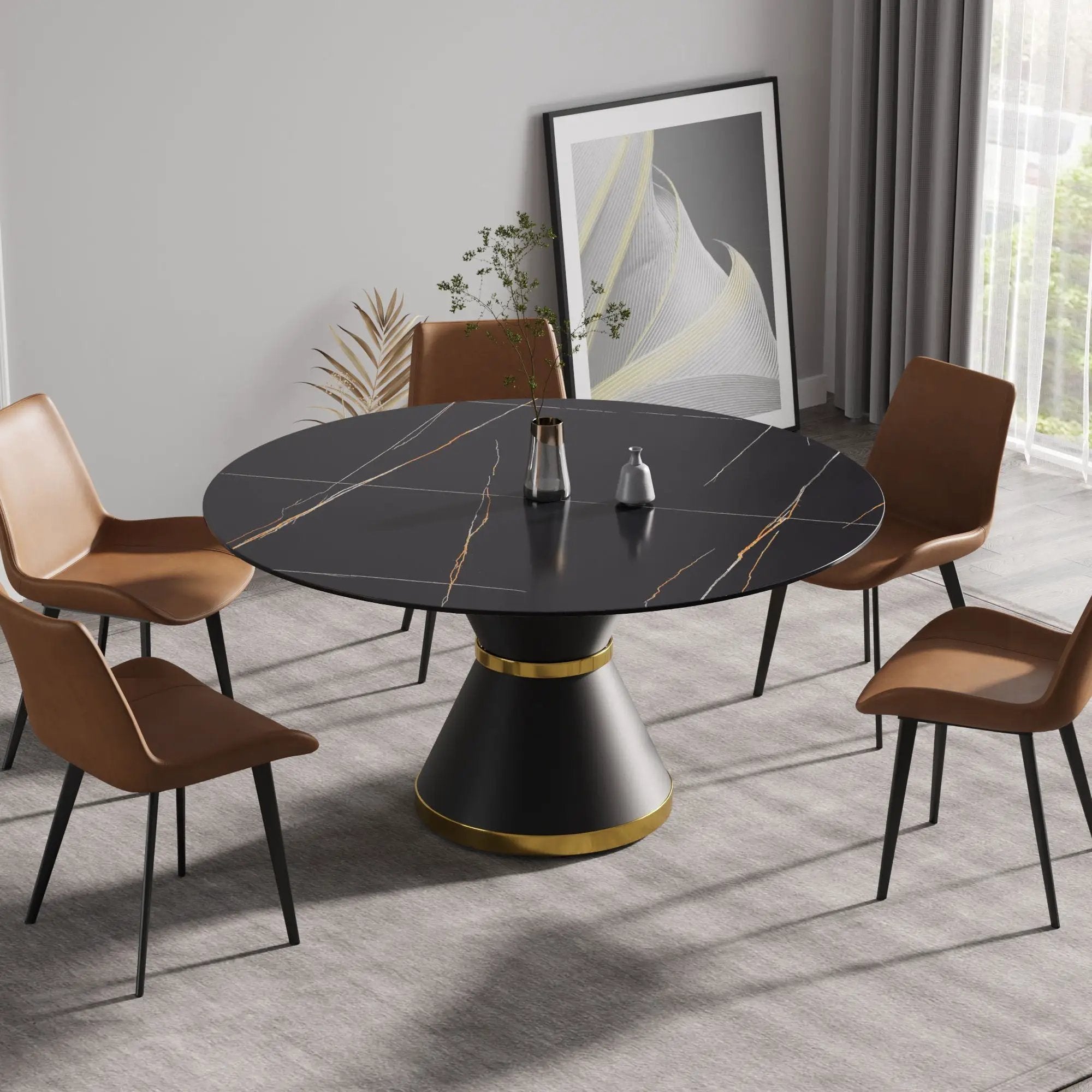 59.05" Modern Artificial Stone Round Black Carbon Steel Base Dining Table, Can Accommodate 6 People - Black by HouseOfZazla