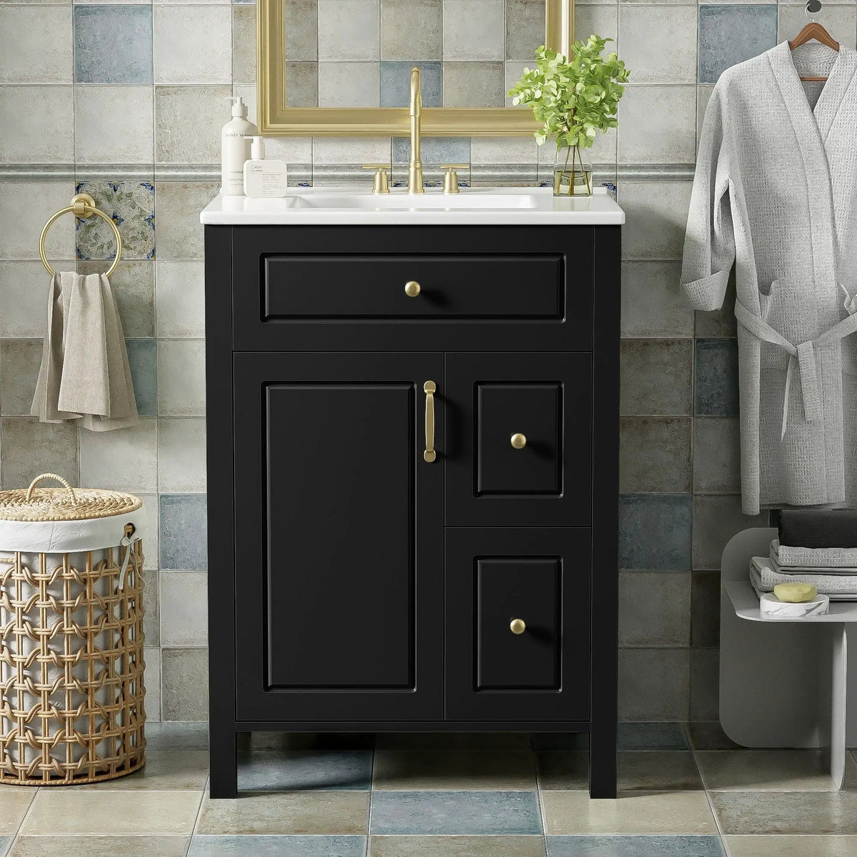 Elegant Bathroom Vanity With Ceramic Sink, Soft Close Doors And Drawers, Double Storage Racks, photo 18 of 20