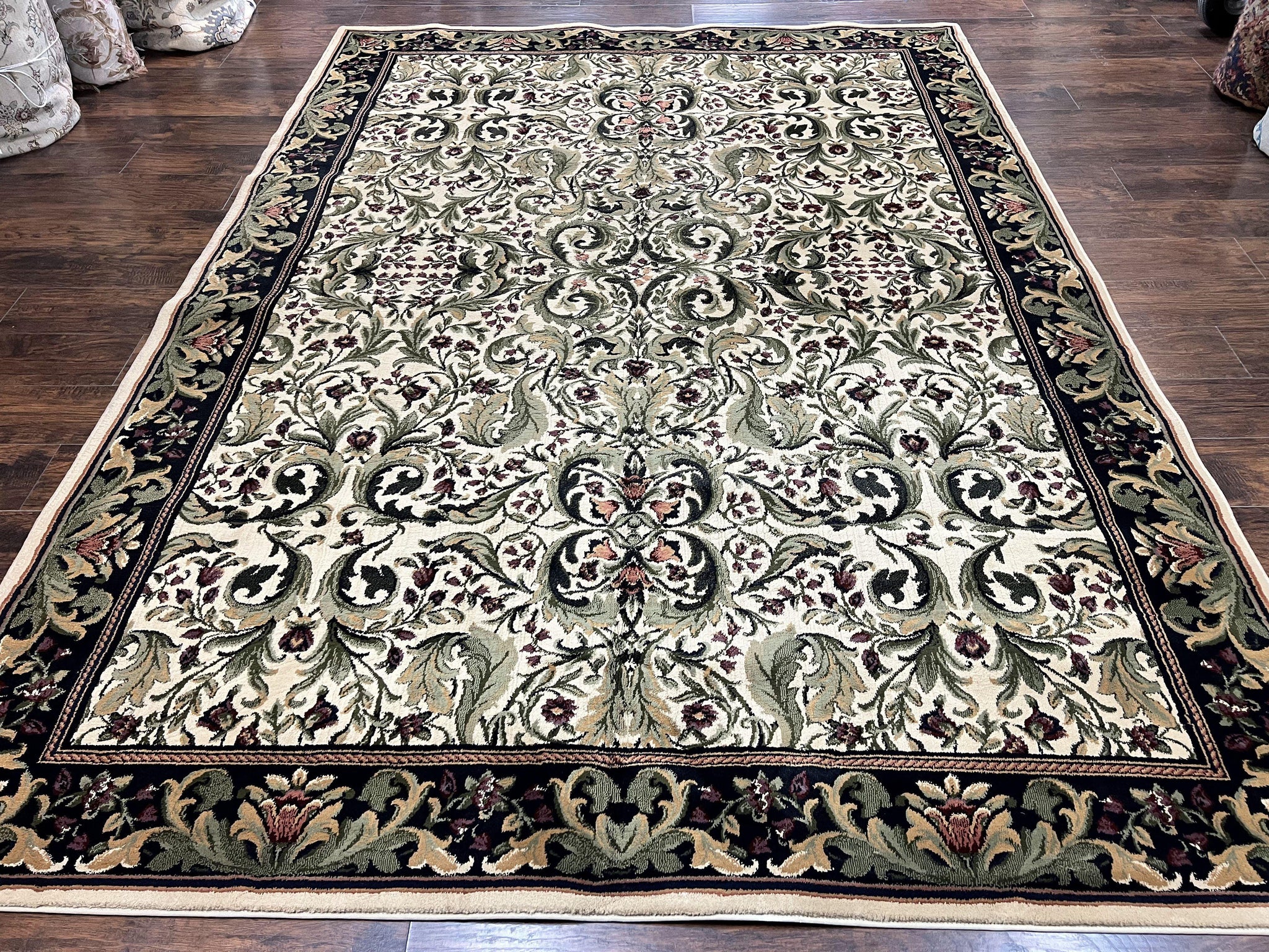 Oriental Rug 8x11, Floral Pattern, Ivory and Black by Jewel Rugs