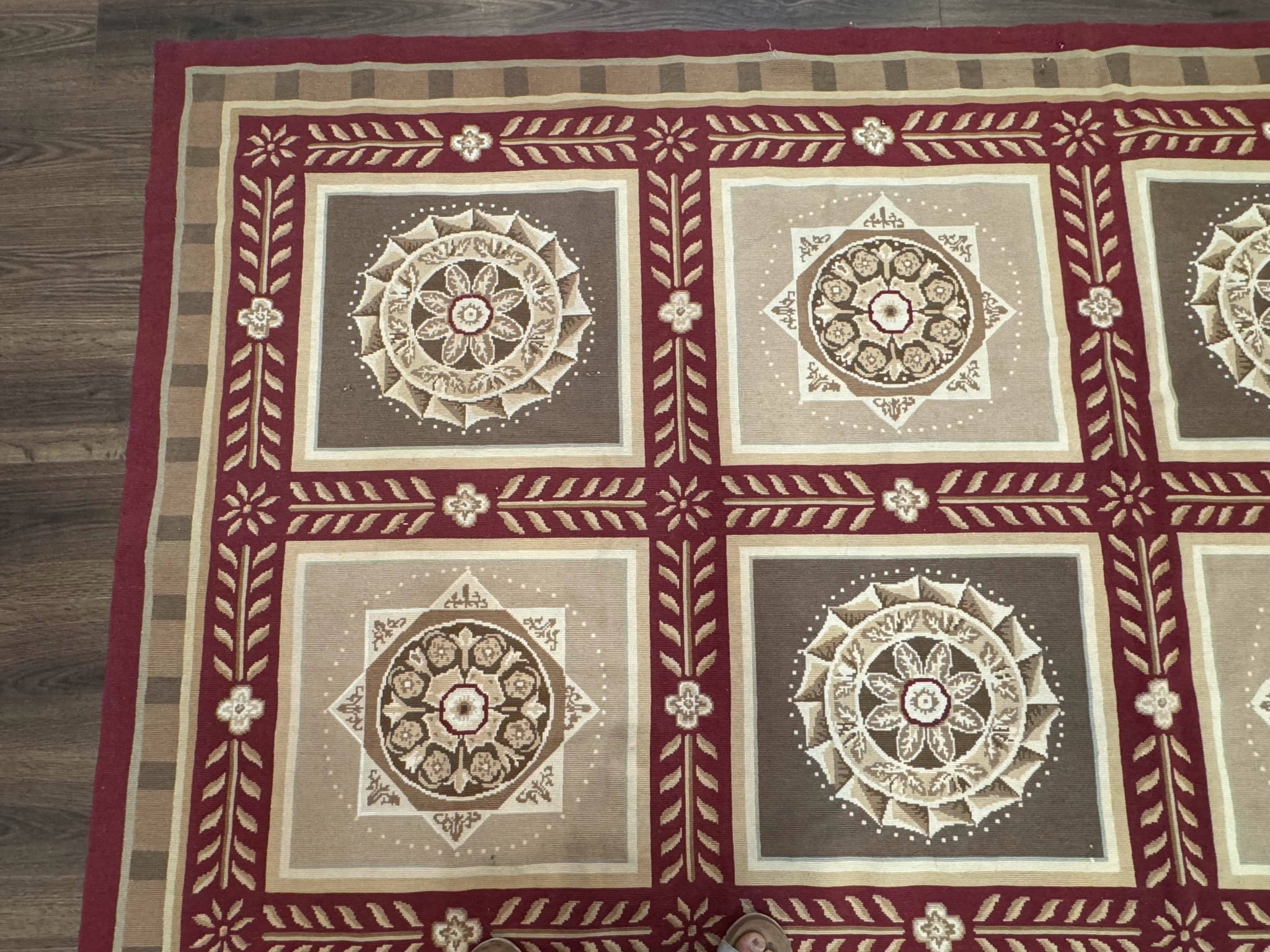 Needlepoint Rug 9x12, Panel Design, Burgundy Taupe, Elegant by Jewel Rugs