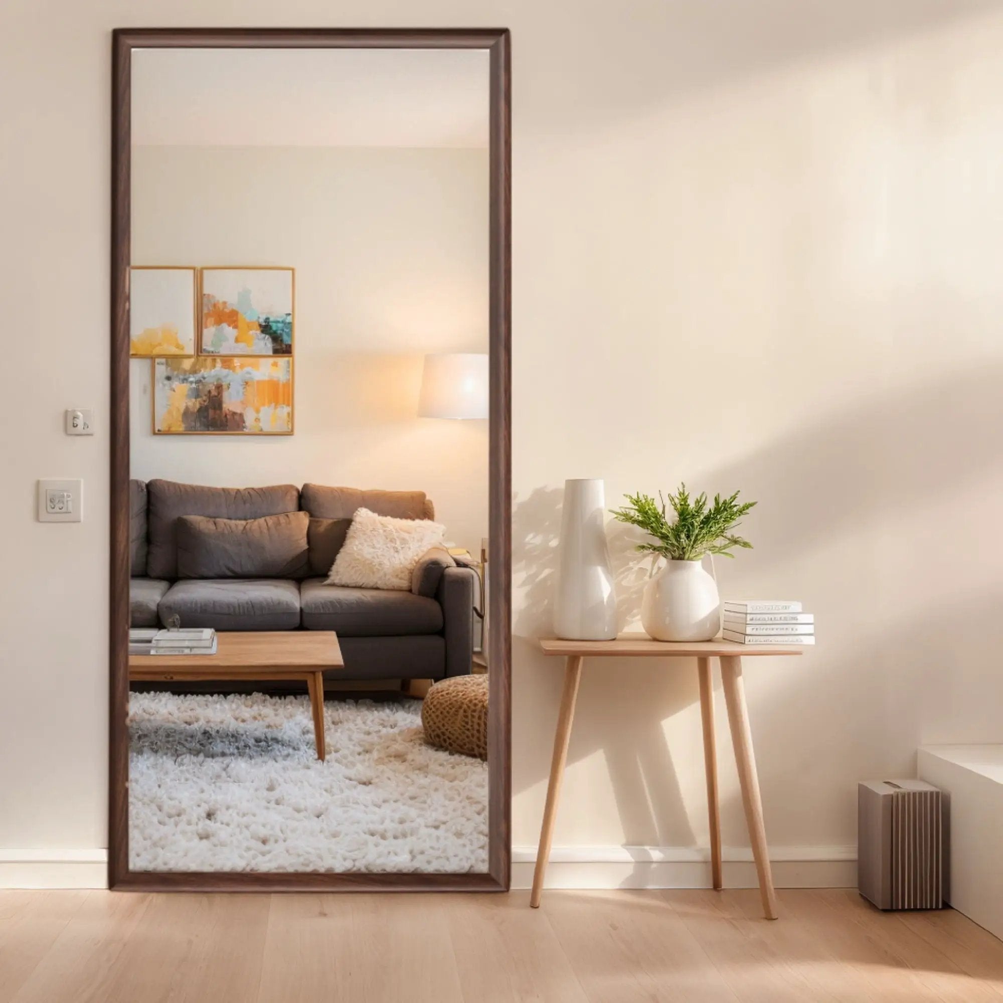 Vintage Full Length Mirror Wall Mounted With Faux Wooden Frame - Brown by HouseOfZazla