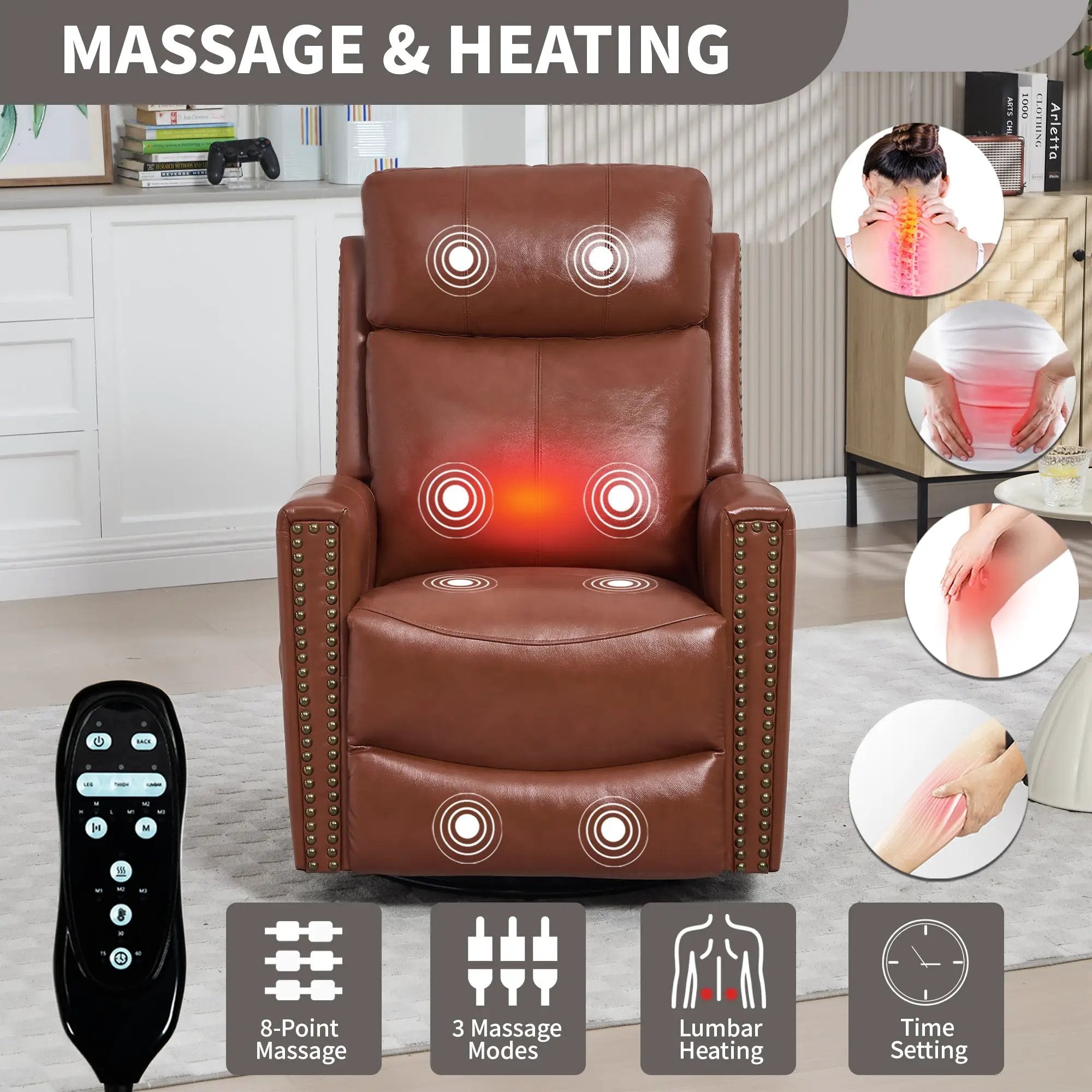 Red Genuine Leather Heat Massage Manual Recliner Chair by HouseOfZazla