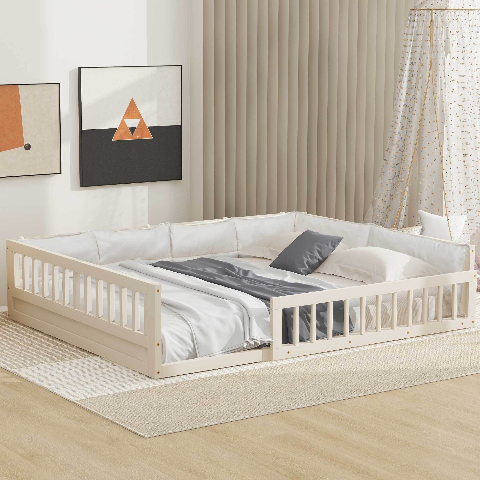 Wood Full Size Upholstered Platform Bed with Guardrail and Pillow by HouseOfZazla
