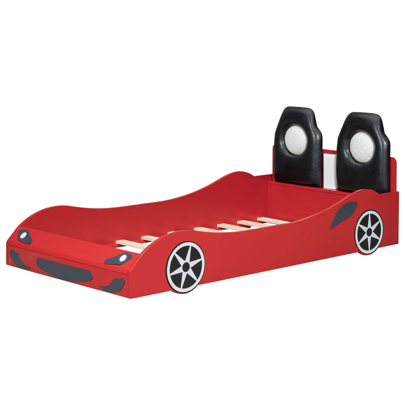 Race Car Shaped Platform Bed With LED And Upholstered Backrest In by HouseOfZazla