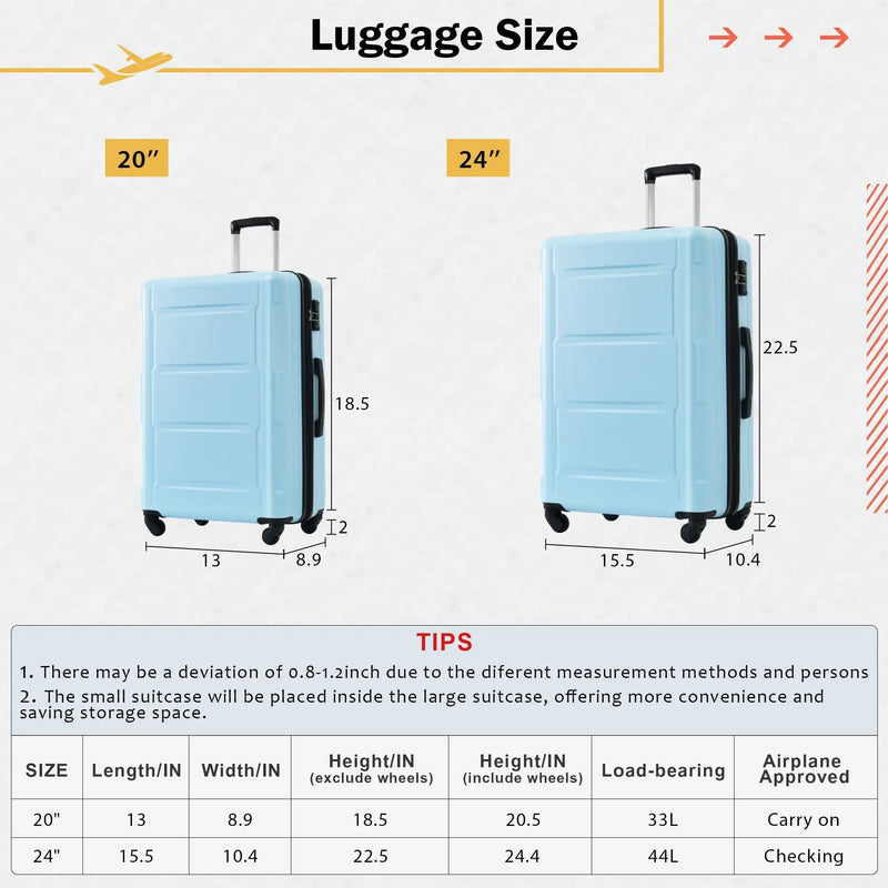 2 Piece Luggage Set With Bags Expanable Spinner Wheels ABS Lightweight Suitcase With Tsa Lock 20" / 24" by HouseOfZazla