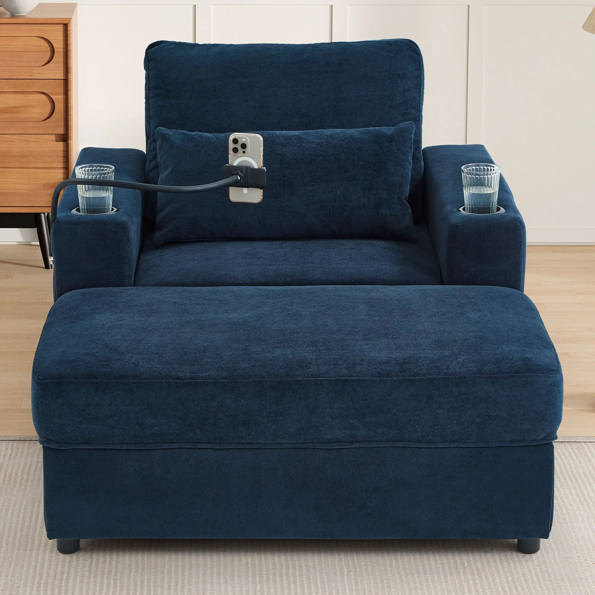 Modern Style Armchair Chaise Lounge Sofa Couch With Movable Storage Ottoman, USB Ports, Cup Holders, Phone Holder, Side Pockets by HouseOfZazla