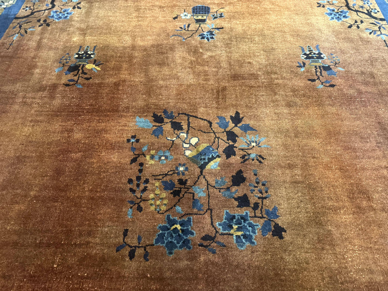 Antique Chinese Wool Rug 9x12, Light Brown and Navy Blue, Fete Peking Art Deco by Jewel Rugs
