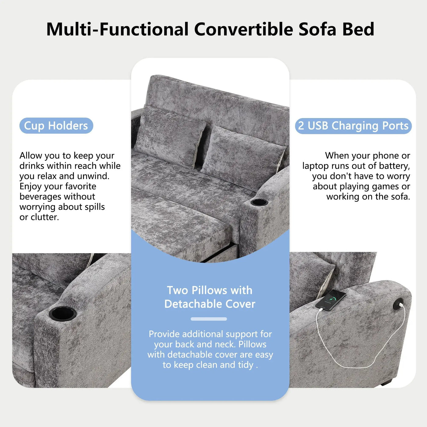 Pull Out Loveseat Sofa With Adjsutable Backrest, 2 Pillows, Cup Holders, USB Ports For Living Room by Unique Piece Furniture