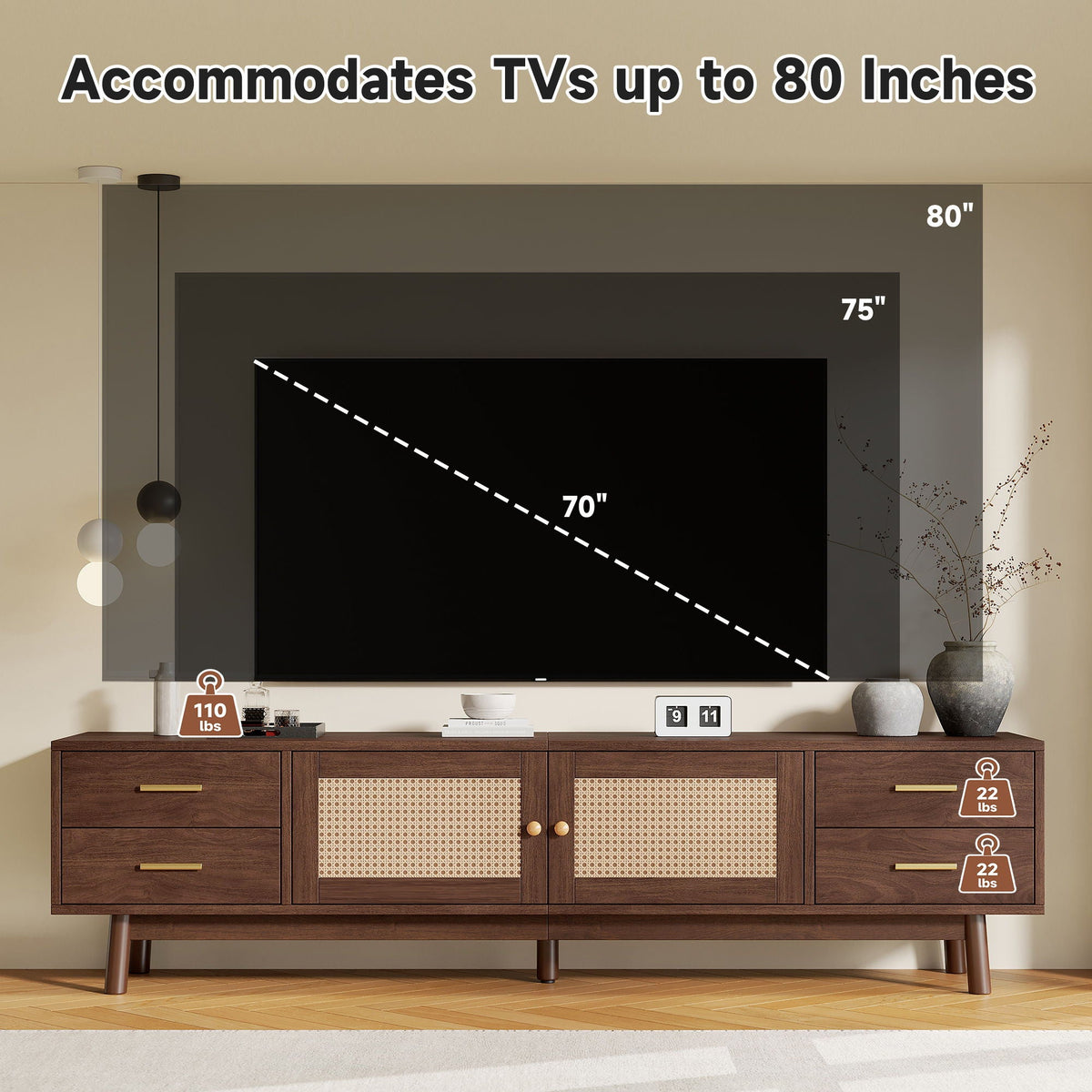 70" TV Stand with Rattan Doors & 4 Drawers - Dark Brown, photo 15 of 15