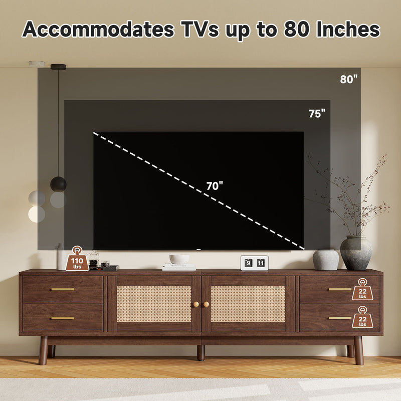 70" TV Stand with Rattan Doors & 4 Drawers - Dark Brown, photo 15 of 15