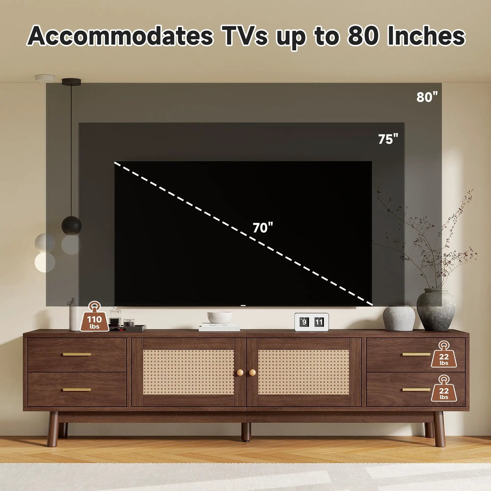 70" TV Stand With Doors For TVs Up To 80", Media Console With 4 Drawers & Cable Holes - Dark Brown by HouseOfZazla