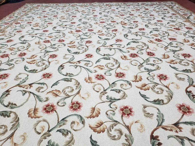 Needlepoint Rug 9x12, European Aubusson Design, Floral Allover Garden Pattern, New Needlepoint Area Rug, Ivory Rug, Hand Woven, Flatweave by Jewel Rugs