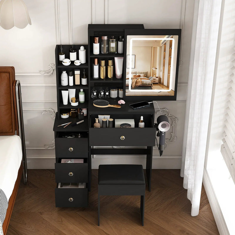 Vanity Desk With 3 LED Lighting Modes, 4 Drawers, Open Shelves, Hair Dryer Holder & Power Socket Dressing Table Set With Chair - Black by HouseOfZazla