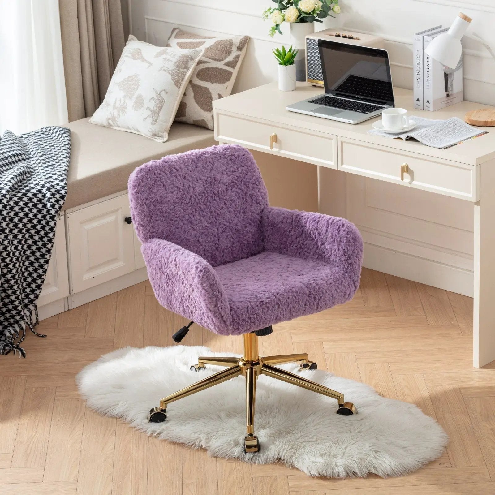 Office Chair, Artificial Rabbit Hair Home Office Chair With Metal Base, Adjustable Desk Chair Swivel Office Chair, Vanity Chair by Unique Piece Furniture