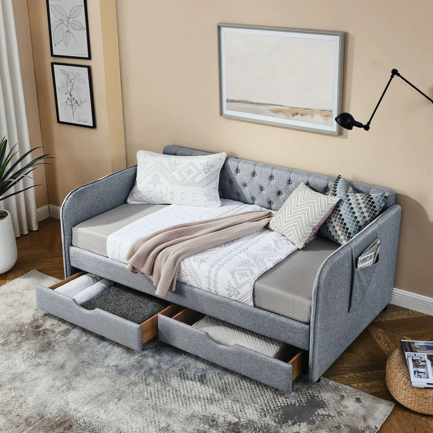 Daybed With Trundle And Storage Drawers, Flat Arms With Pocket by Unique Piece Furniture