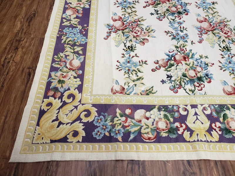 Vintage Chinese Floral Needlepoint Area Rug 6x9, Wool Hand-Woven Handmade Flatweave Rug, Ivory & Purple, Fruits Grapes Apples, Dining Room by Jewel Rugs