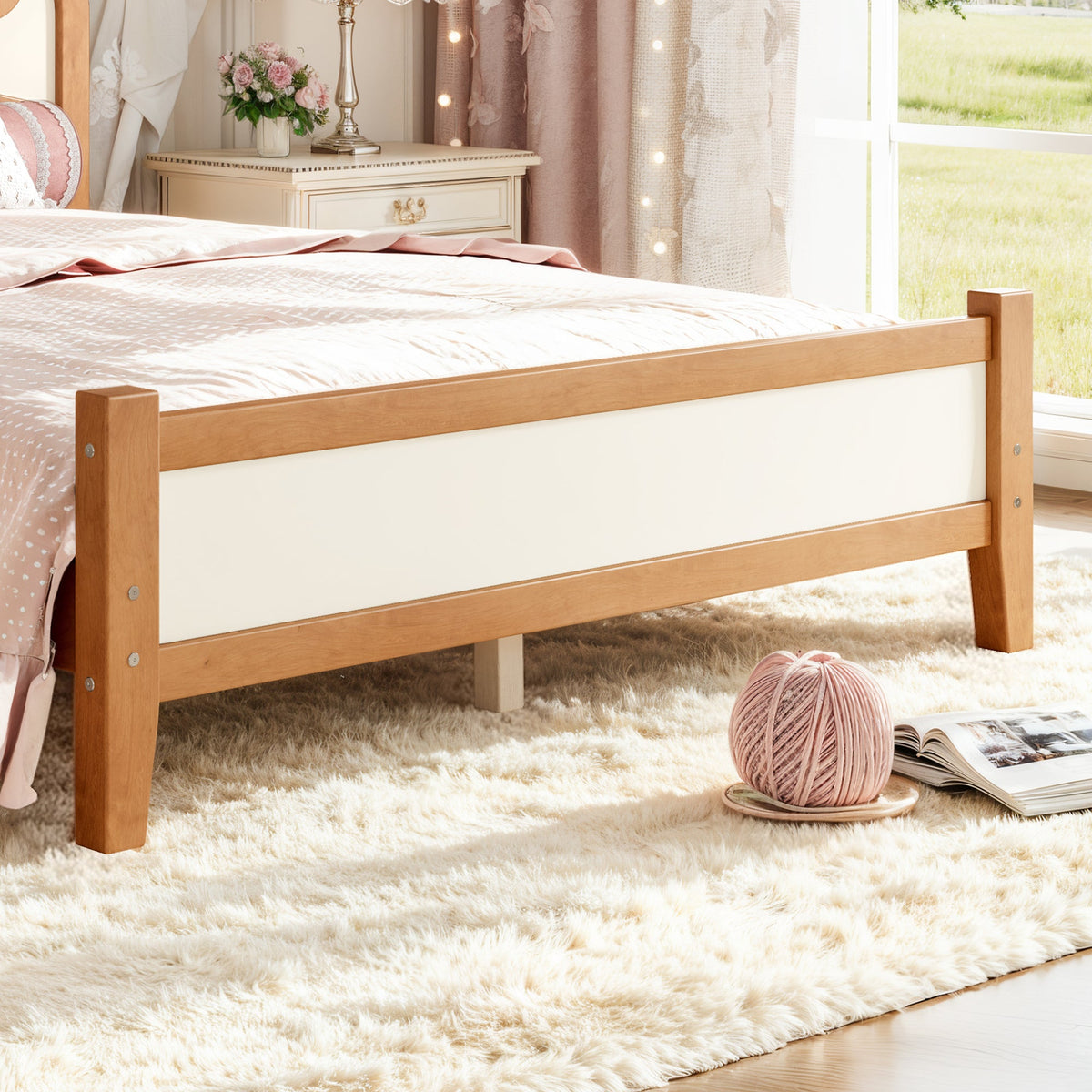 Full Size Wooden Platform Bed with Bow Headboard, Solid Wood Bed Frame with Slatted Support, Low Profile Platform Bed for Kid Teens Girls, No Box Spring Needed,Beige&Natural, photo 7 of 10