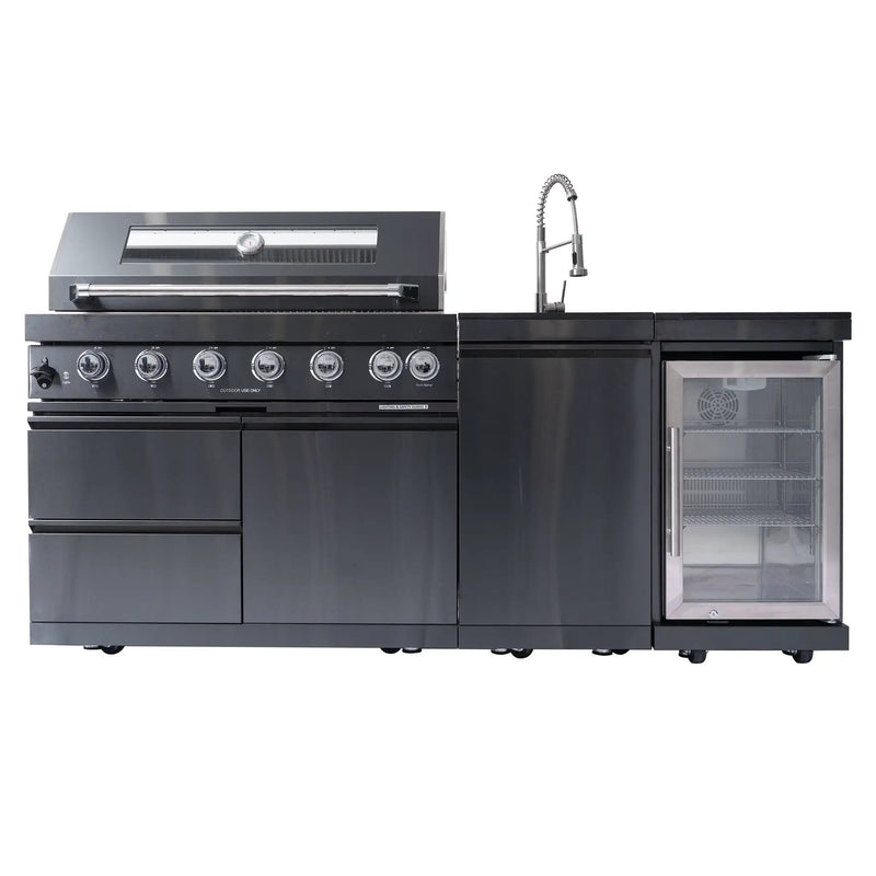 NG 85" 6-Burner 85,000 BTU Black Outdoor Kitchen Island Grill Refrigerator + Rotisserie Kit + Sink by Chery Industrial