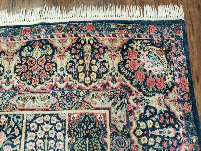 Persian Rug 10x15, Authentic Oriental Carpet 10 x 15, Wool Area Rug Panel Design Hand-Knotted Vintage Kirman Yazd Rug, Dark Blue and Beige, Floral by Jewel Rugs