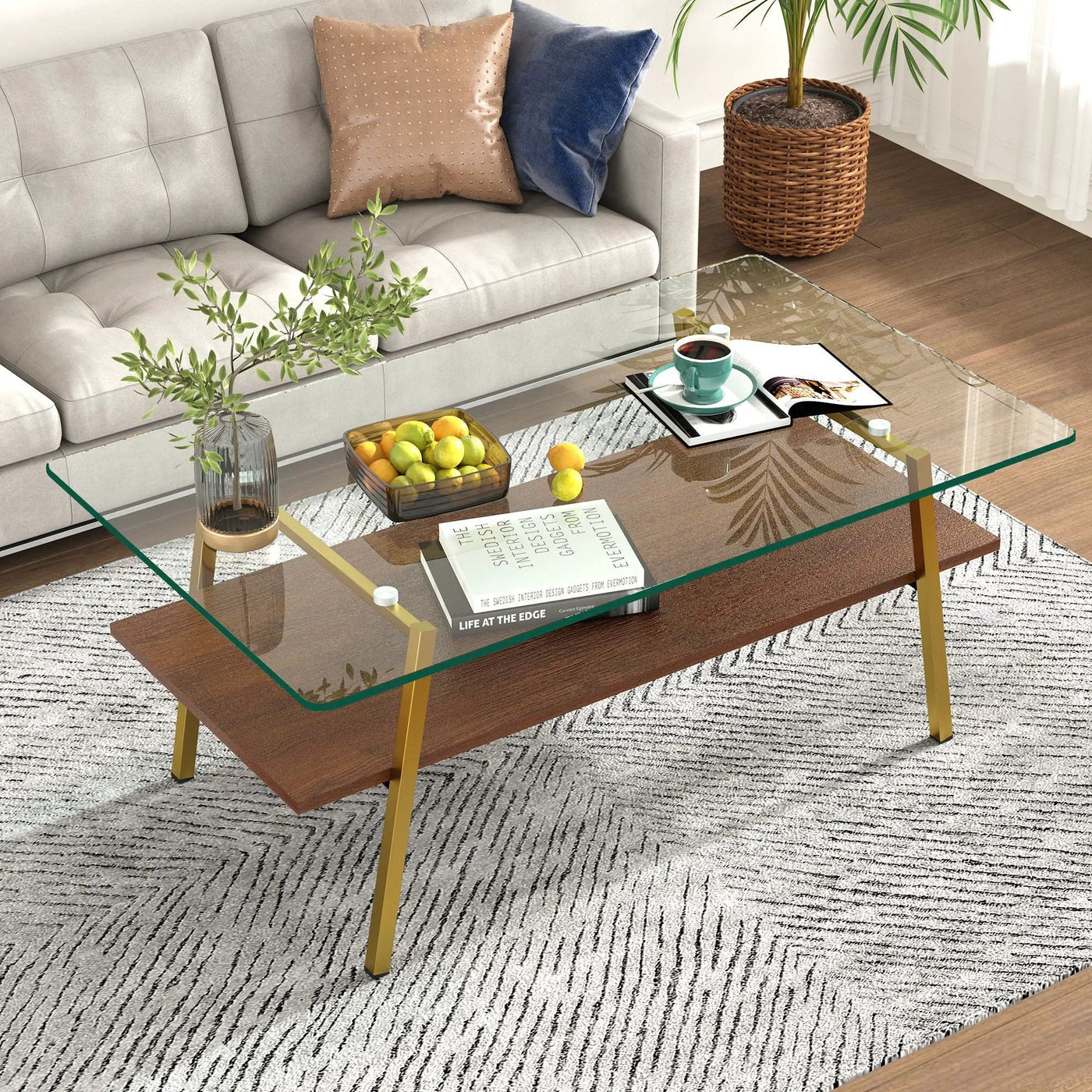 Rectangle Coffee Table, Tempered Glass Tabletop With Metal Legs, Modern Table For Living Room by HouseOfZazla