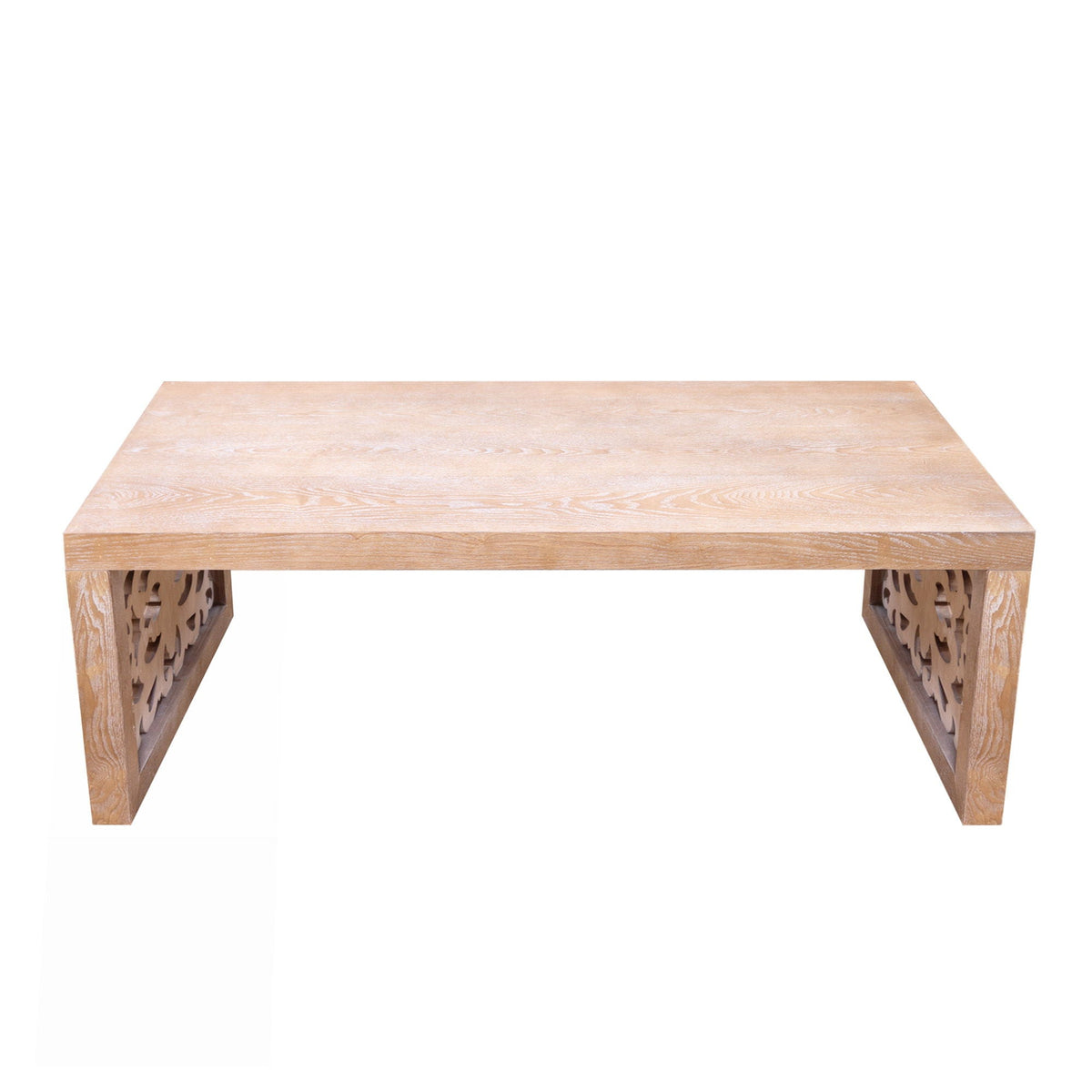 Rustic Carved Wood Coffee Table, Handcrafted Look With Ornate Side Panels, photo 12 of 14