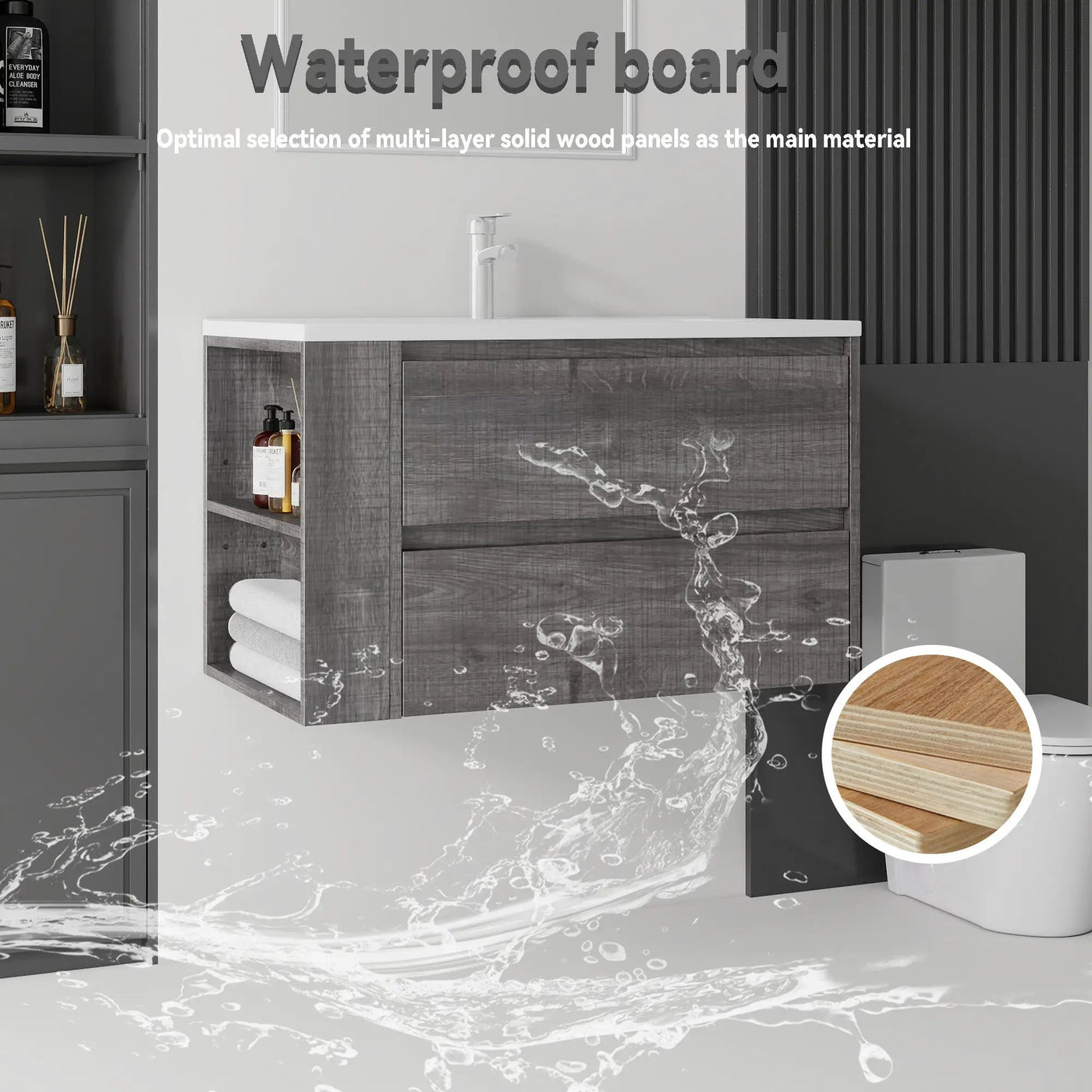 36 Inch Floating Bathroom Vanity with Sink, Soft-Close Door, Ceramic Sink, Plywood by HouseOfZazla