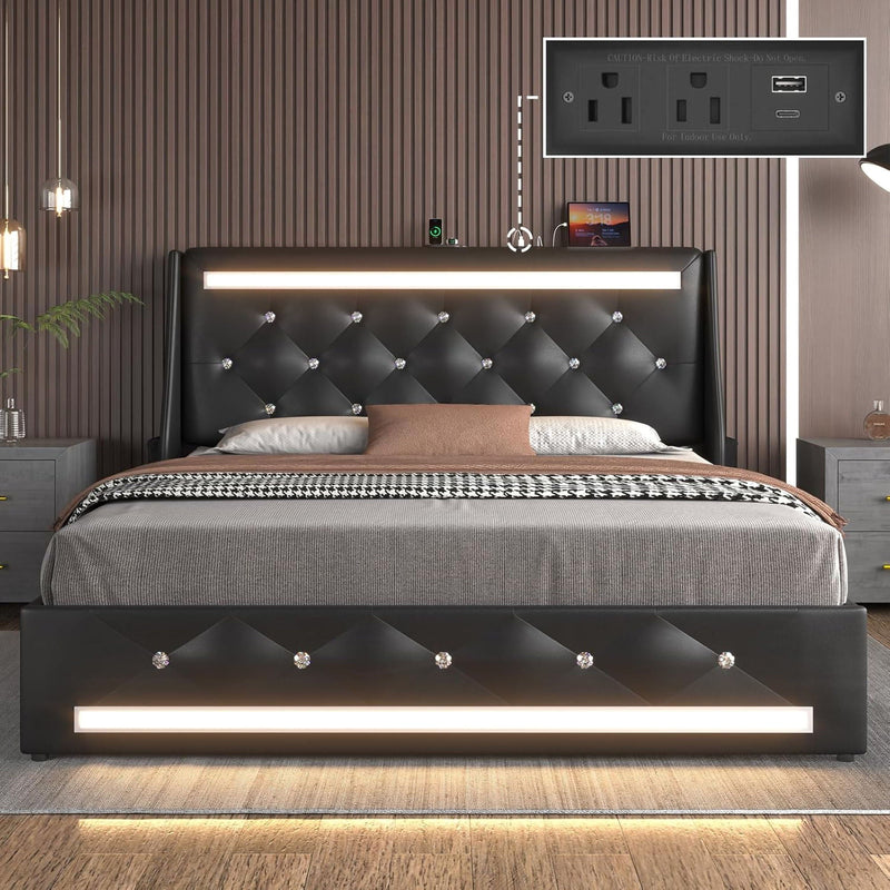Wingback Upholstered Bed Frame With LED Lights, Charging Station by HouseOfZazla