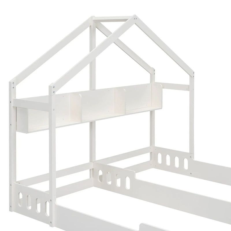 Twin Size Platform Bed With Shared Design, Guardrails, And Built In Shelves - Creamy White by HouseOfZazla
