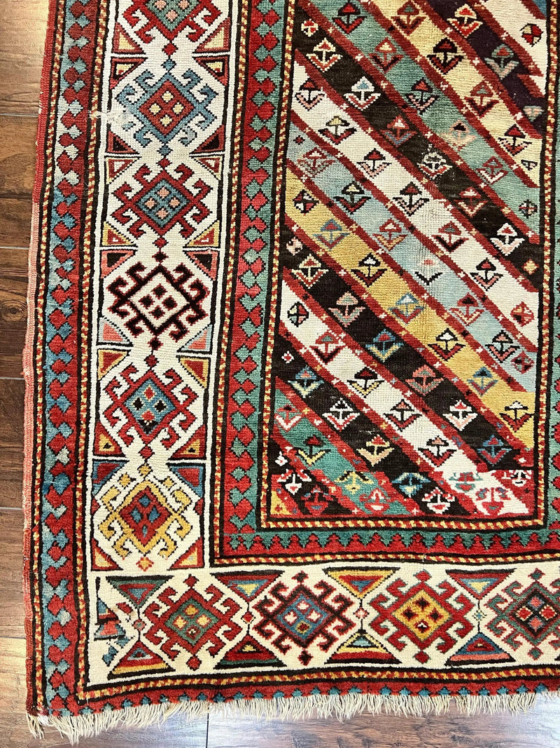 Caucasian Kazak Runner Rug 3.6 x 8, Wool Hand Knotted Antique 1880s Carpet, Ivory & Multicolor Stripes Oriental Runner Rug, Hallway Rug by Jewel Rugs